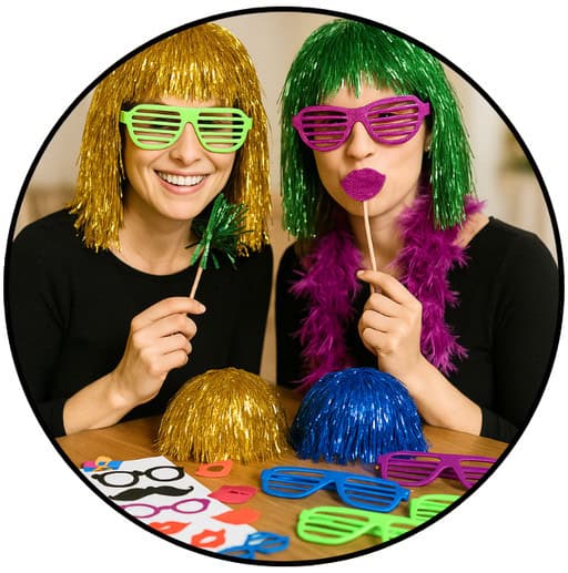 Zwei Personen mit bunten Perücken, Jalousien und Papierrequisiten sitzen an einem Tisch mit weiteren Kostümteilen.