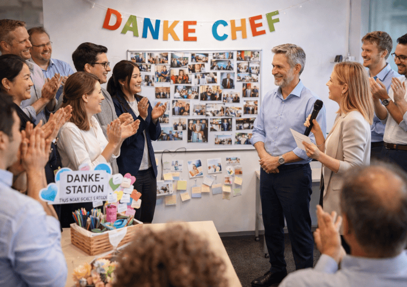 Team überrascht den Chef bei der Abschiedsfeier mit Rede, Fotowand und Dankesaktion