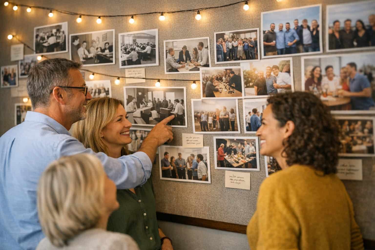 Vier Personen stehen vor einer mit Schwarz-Weiß- und Farbfotos bedeckten Wand, lächeln und diskutieren die Bilder unter Lichterketten - die perfekte Idee für ein Firmenjubiläum, um Meilensteine zu feiern.