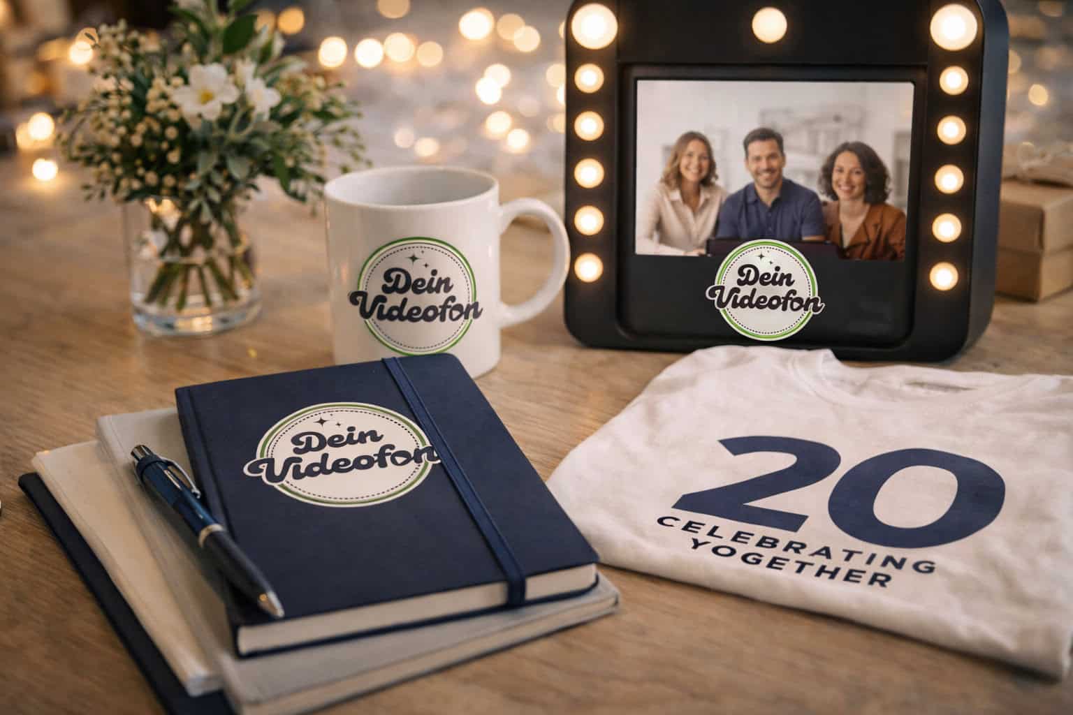 Eine Tasse, Notizbücher, ein Kugelschreiber, ein T-Shirt und ein Fotorahmen mit Dein Videofon-Branding sind auf einem Holztisch arrangiert - perfekt für firmenjubiläum ideen oder als inspirierende jubiläum firma ideen für Ihre nächste Feier.