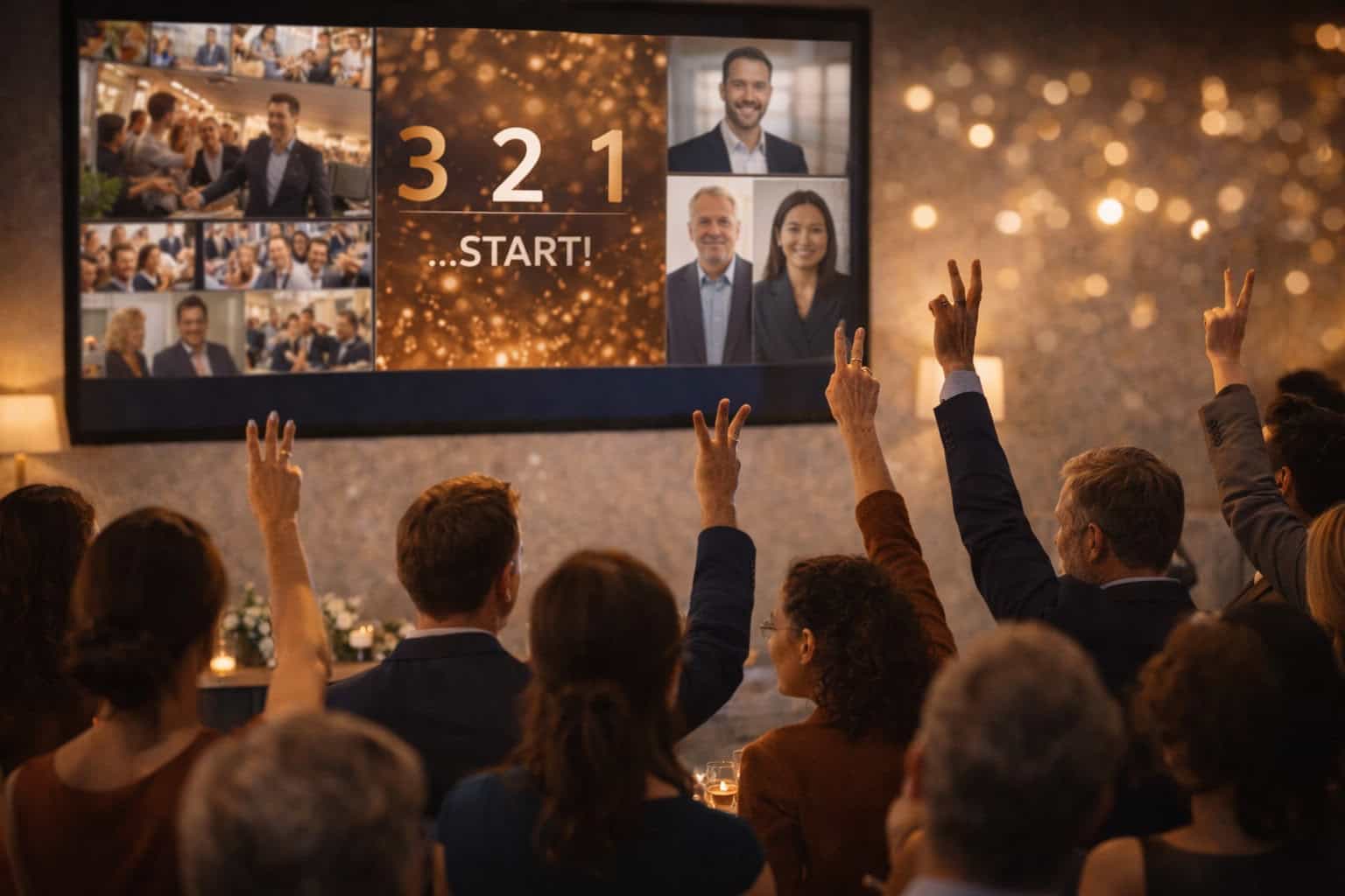 Die Teilnehmer einer Veranstaltung heben ihre Hände in Richtung eines großen Bildschirms, auf dem ein Countdown, das Wort START! und mehrere Teilnehmer eines Videoanrufs zu sehen sind - so wird die Begeisterung für innovative Firmenjubiläum Ideen für hybride Feiern eingefangen.