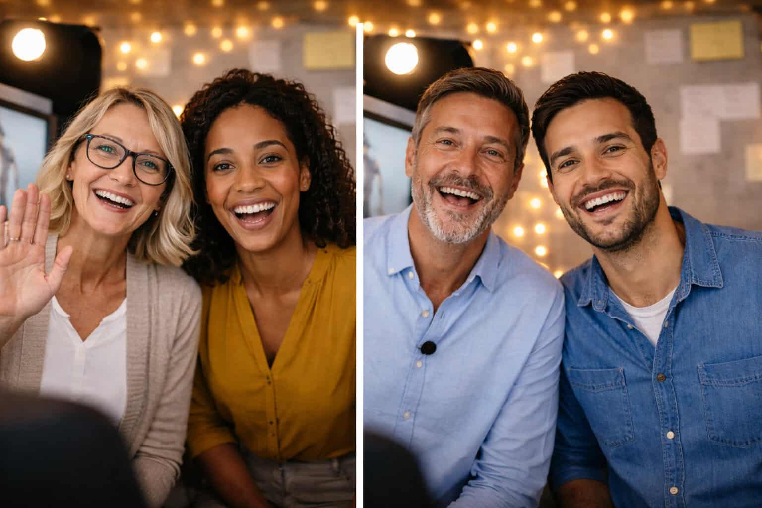 Zwei Frauen und zwei Männer posieren und lächeln für die Kamera in getrennten Bildern nebeneinander, mit warmer Innenbeleuchtung und verschwommenen Lichterketten im Hintergrund - die perfekte Inspiration für ideen firmenjubiläum oder ein kreatives firmenjubiläum ideen.