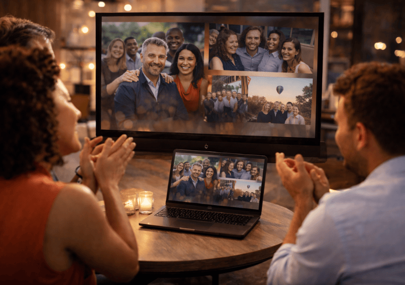 Team schaut gemeinsam im Großraumbüro ein emotionales Abschiedsvideo mit Erinnerungen an gemeinsame Jahre. Firmenrückblick