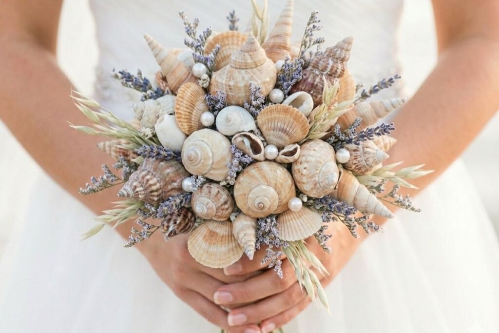 Braut hält einen farbenfrohen Hochzeitsstrauß aus südländischen Muscheln, Seesternen und tropischen Blüten in Orange, Pink und Violett vor weißem Brautkleid.