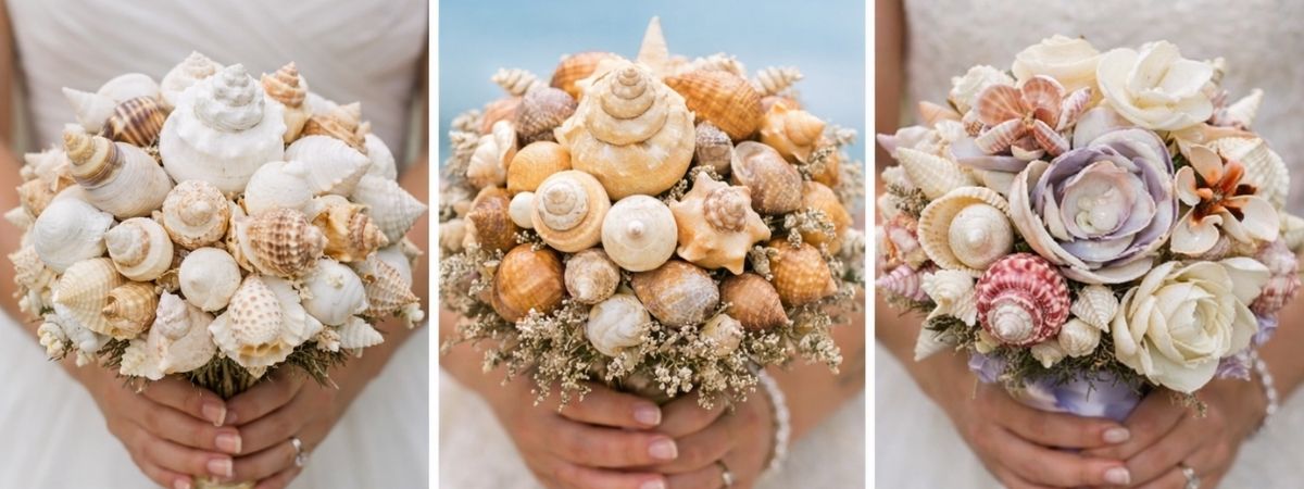 Verschiedene Brautsträuße aus Muscheln. Der Trend für den Brautstrauß