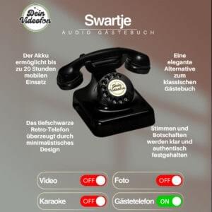 Schwarzes Retro-Telefon als Audio-Gästebuch „Swartje“ von Dein Videofon. Nimmt Stimmen und Botschaften auf – elegante Alternative zum klassischen Gästebuch.