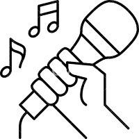 Eine Hand, die ein Mikrofon hält, mit Musiknoten im Hintergrund, die an Gesang oder Musikaufführung erinnern.